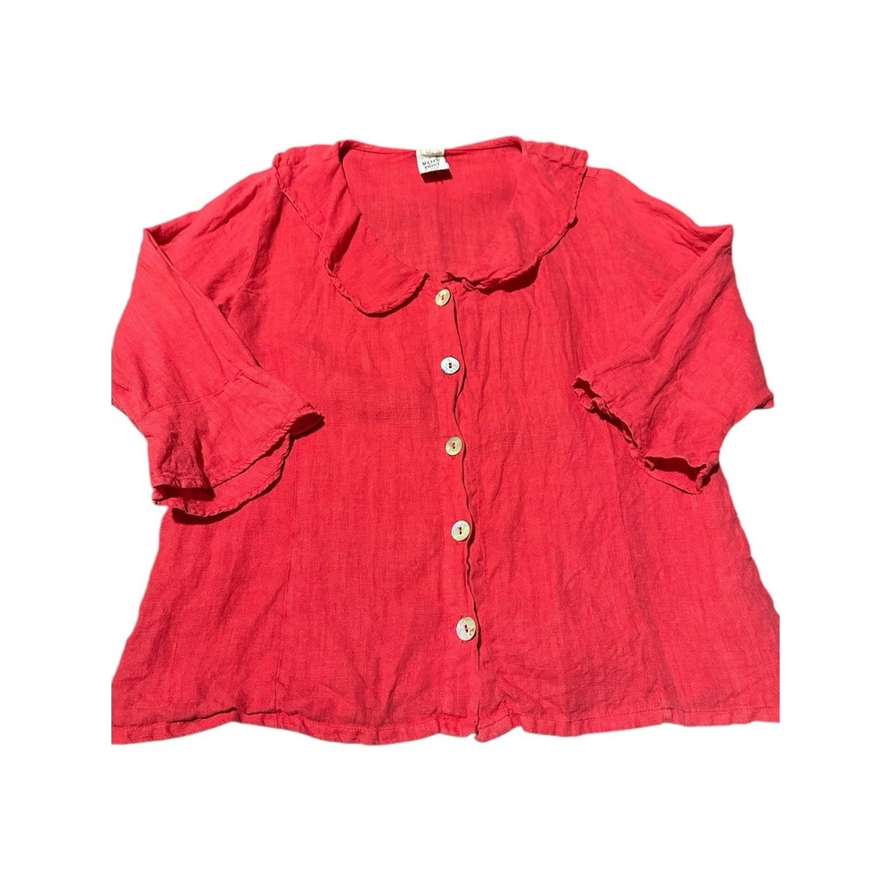 Match Point USA 100% Linen Shirt Red‎ Medium Ruffle Buttons Relaxed #R6-3 - Picture 8 of 8